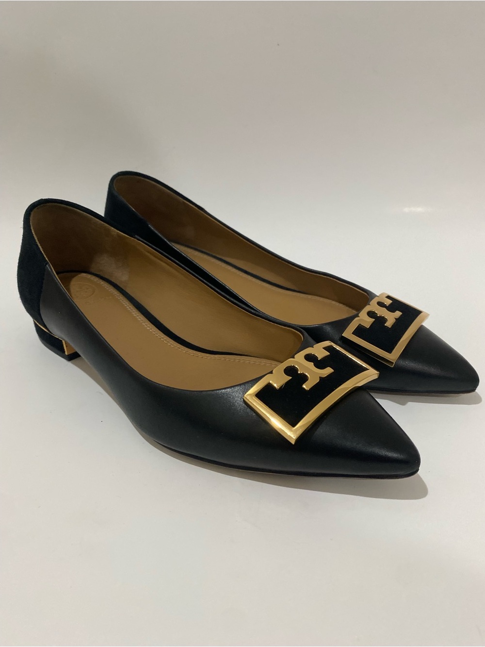 Tory Burch Jessa Black Gold Pointed Toe Logo Buckle Flats Leather Suede